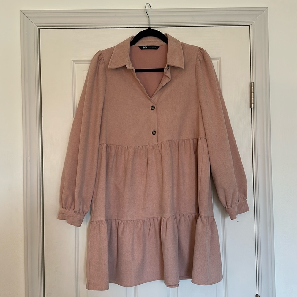 Zara Blush Pink Tiered Corduroy Mini Dress